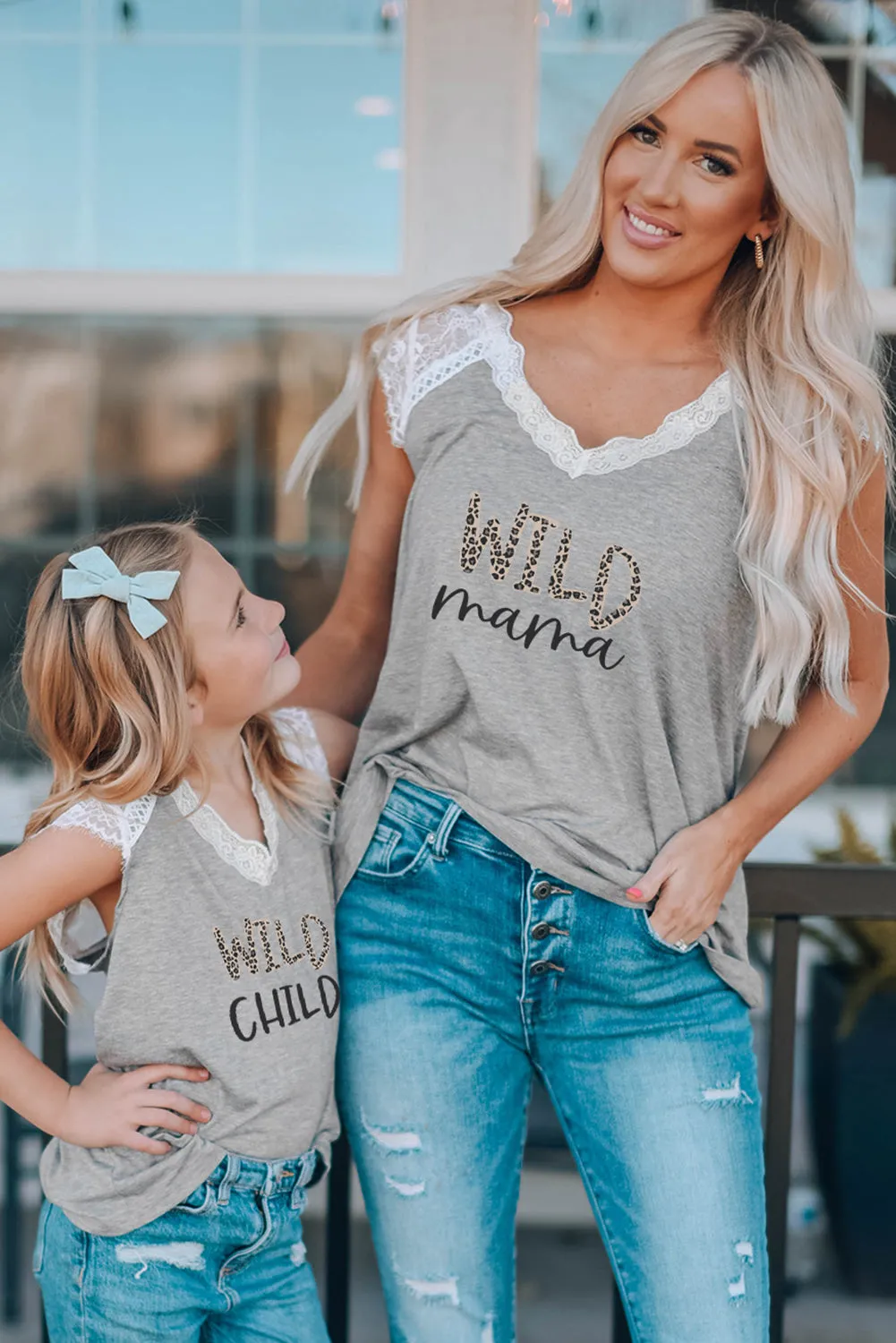 Gray WILD Mama Leopard Print Lace Splicing V Neck T Shirt