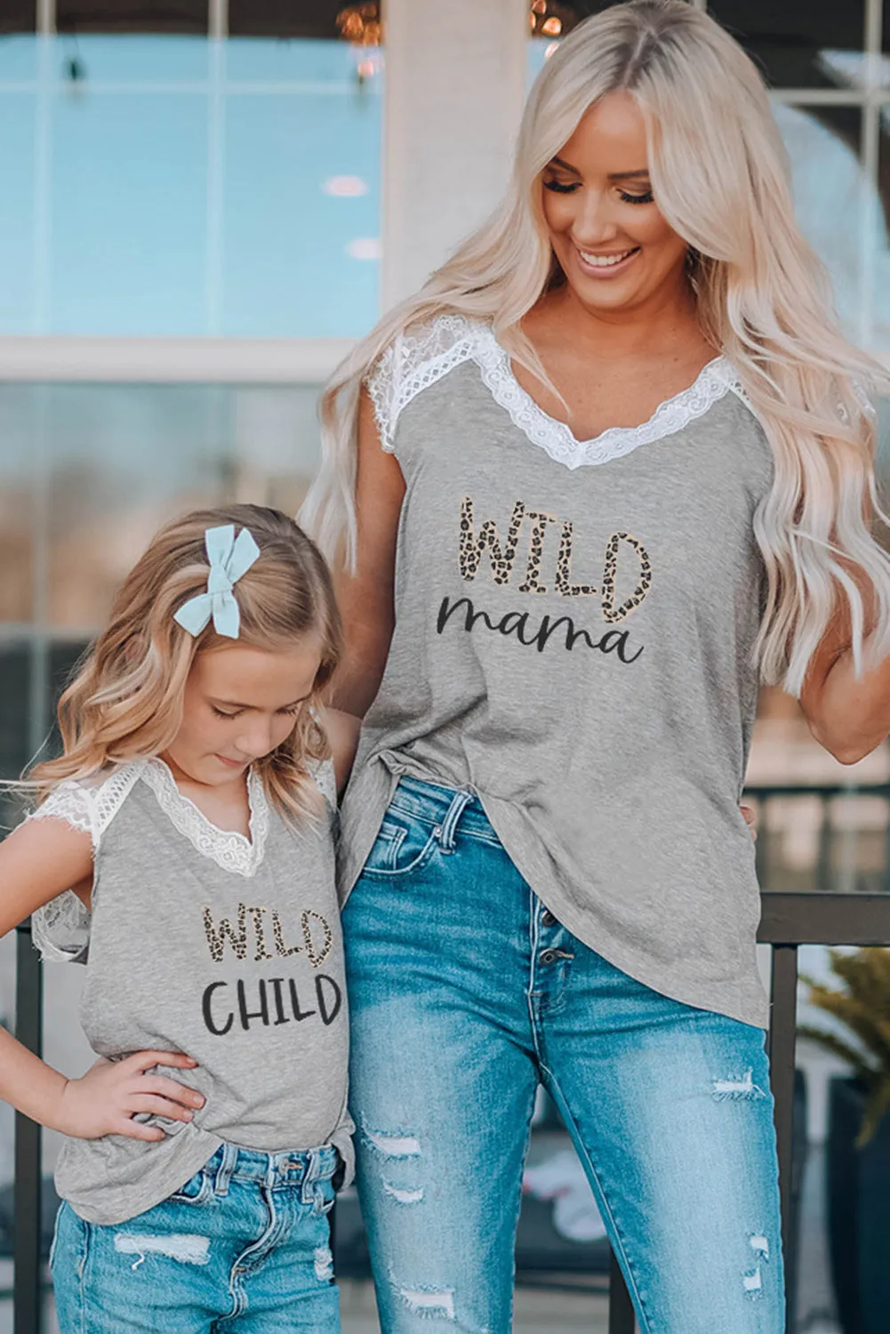 Gray WILD Mama Leopard Print Lace Splicing V Neck T Shirt