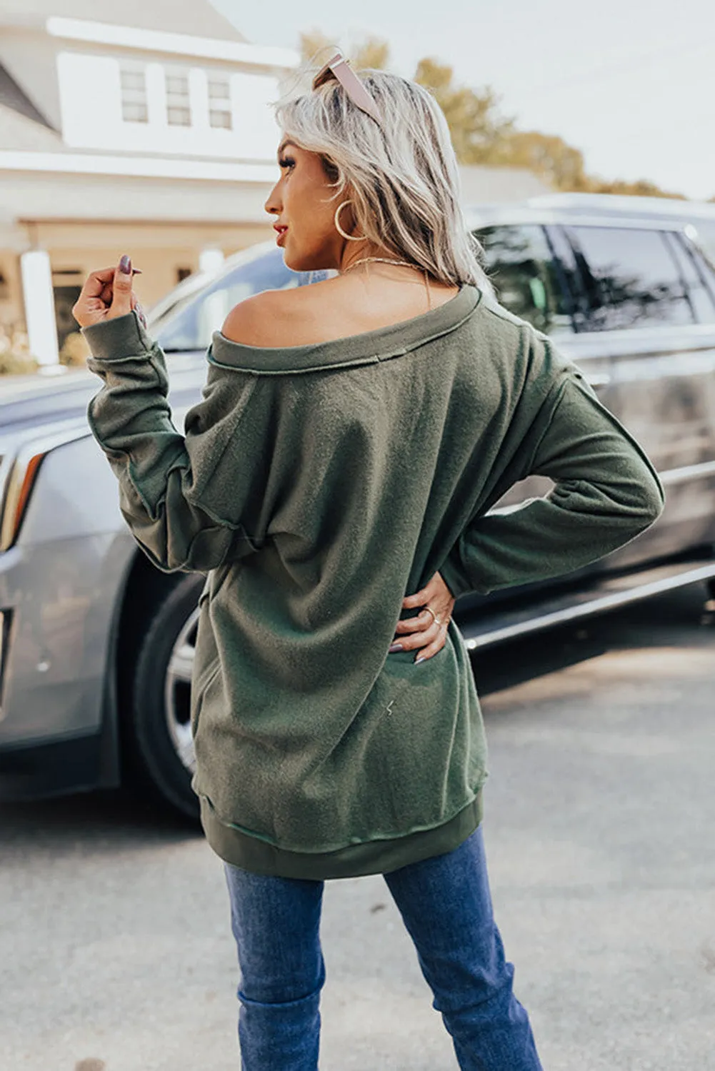 Green Expose Seam Detail Split Neck Long Sleeve Top