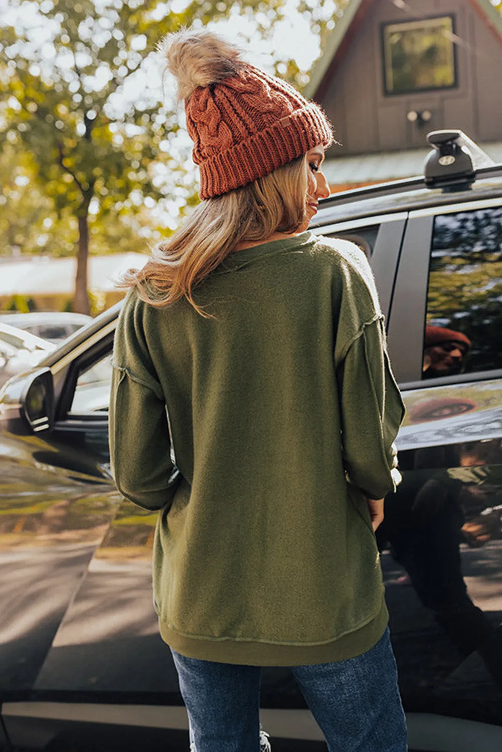Green Expose Seam Detail Split Neck Long Sleeve Top