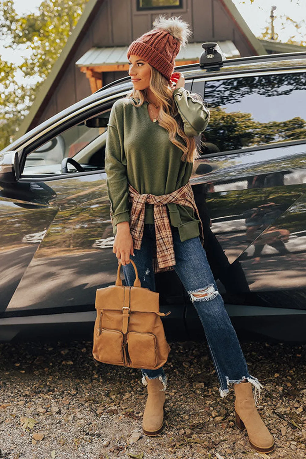 Green Expose Seam Detail Split Neck Long Sleeve Top