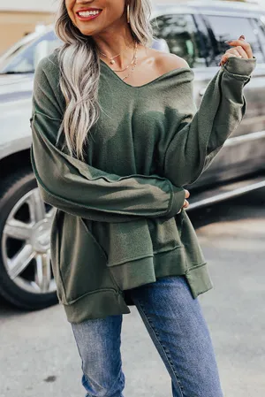 Green Expose Seam Detail Split Neck Long Sleeve Top