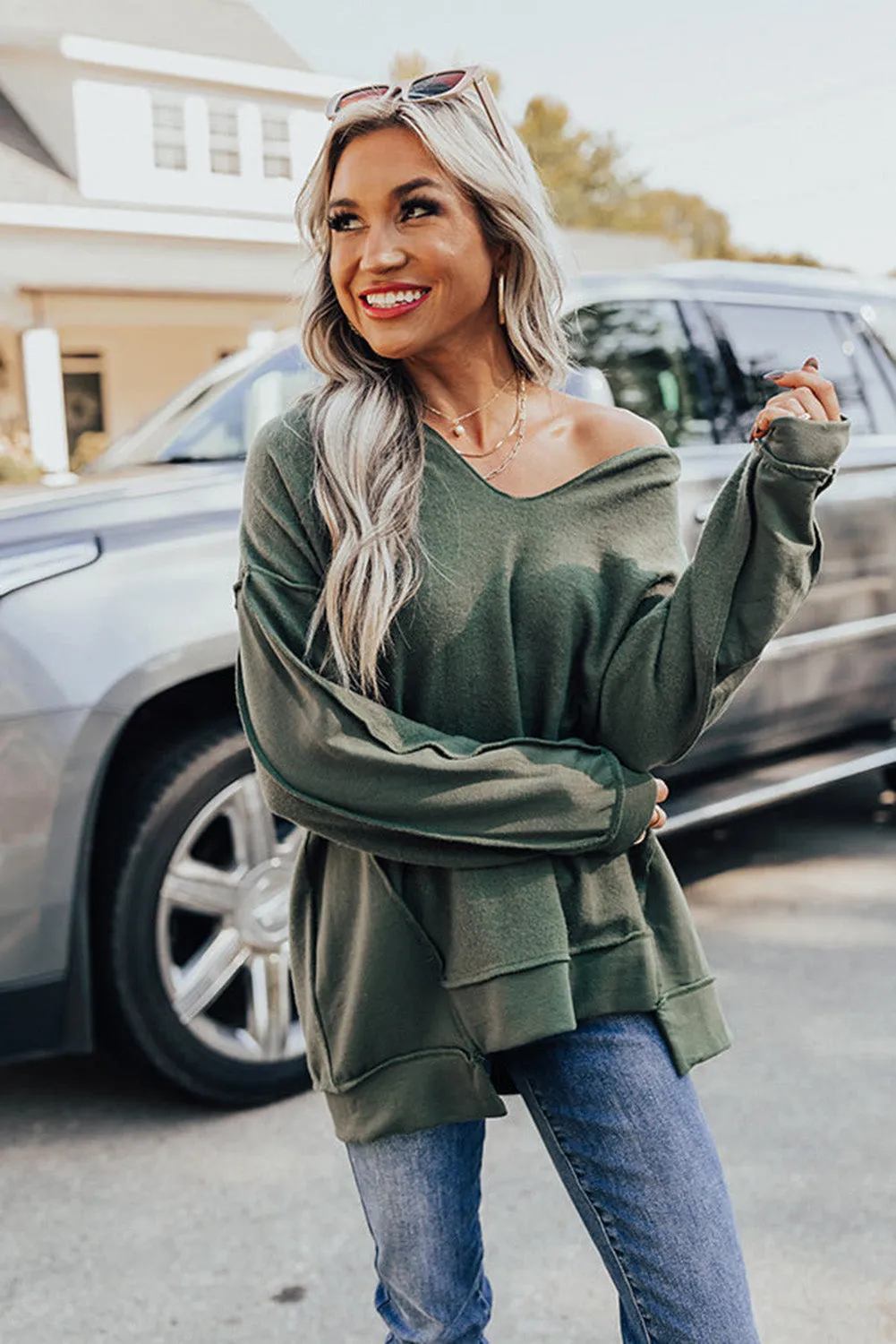 Green Expose Seam Detail Split Neck Long Sleeve Top