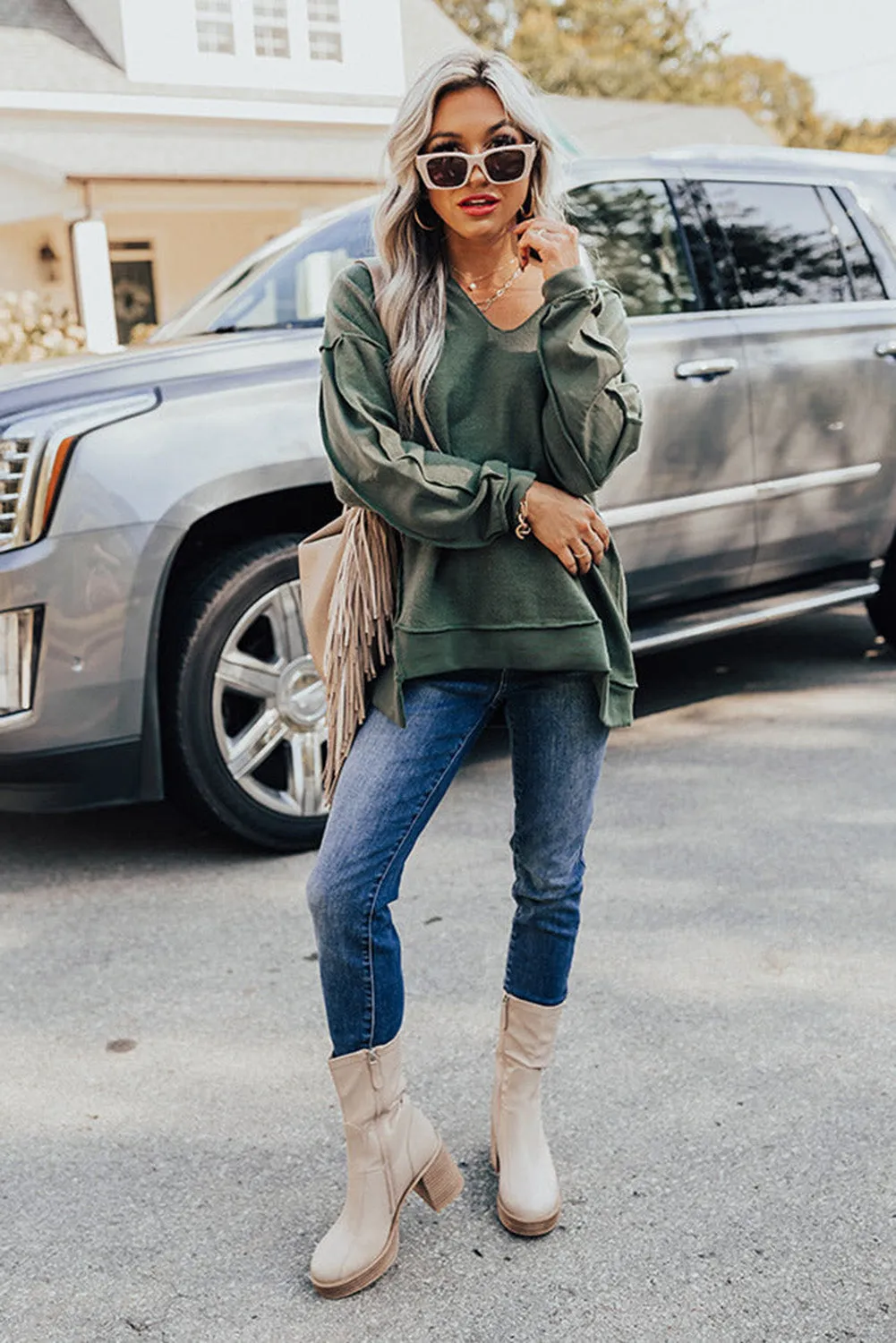 Green Expose Seam Detail Split Neck Long Sleeve Top