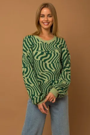 Green Mix Geo Round Neck Sweater