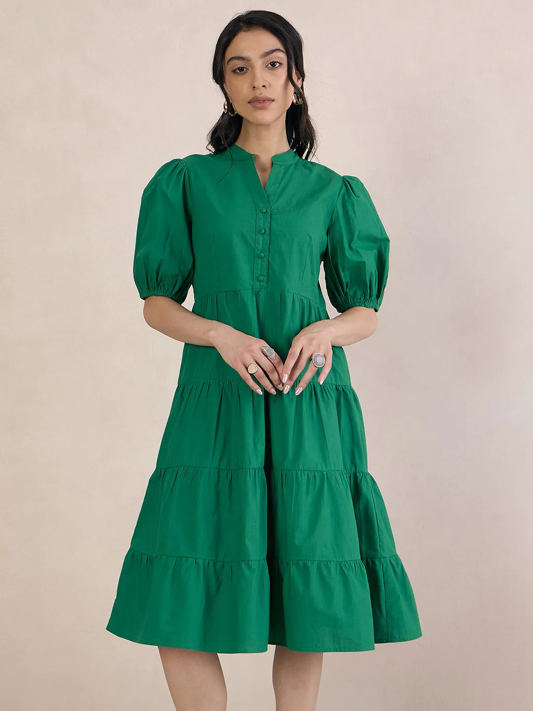 Green Poplin Tiered Midi Dress