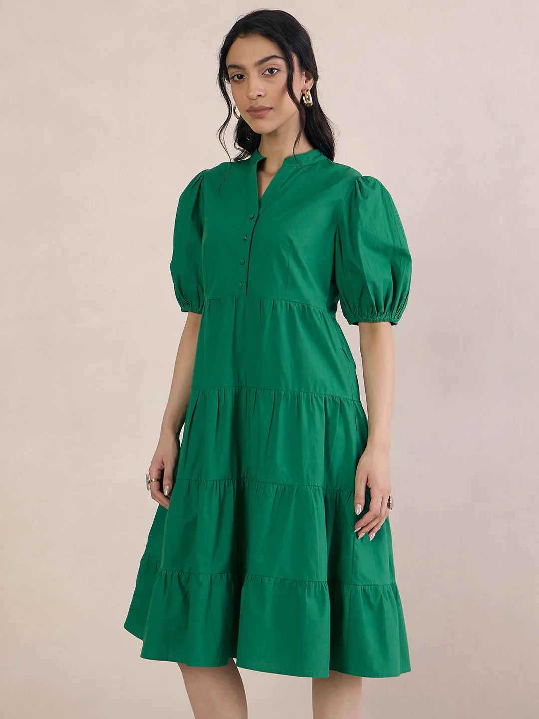 Green Poplin Tiered Midi Dress