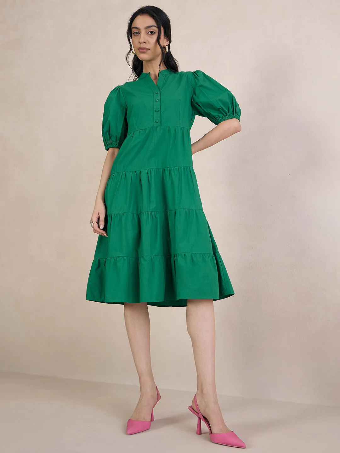 Green Poplin Tiered Midi Dress