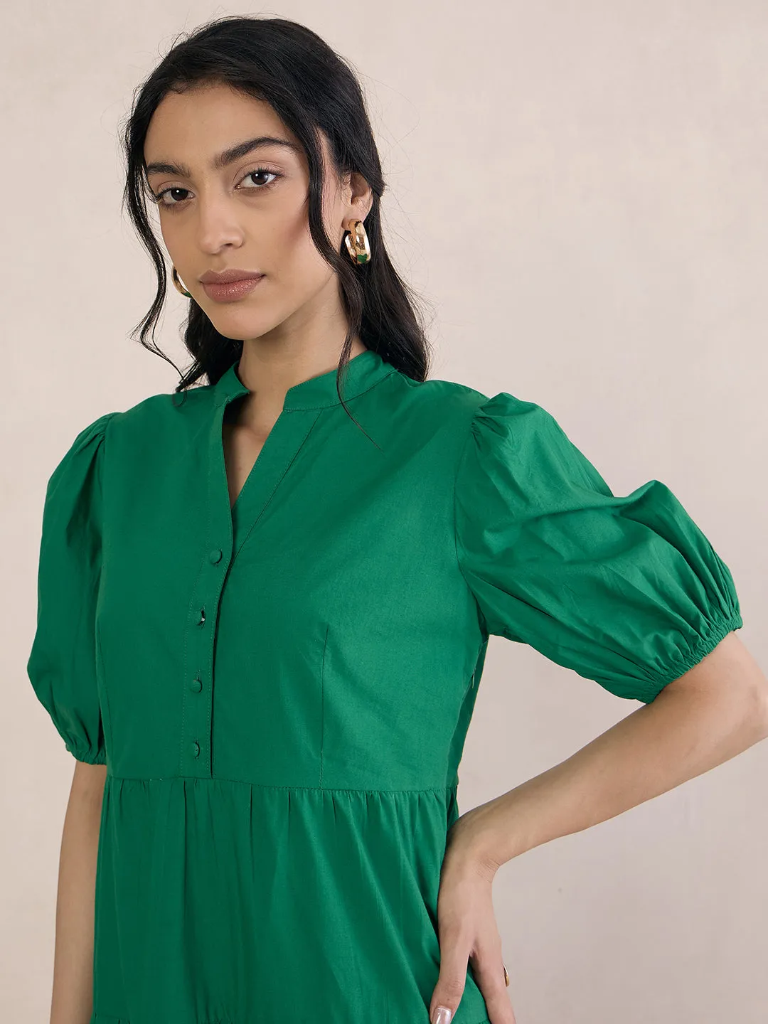 Green Poplin Tiered Midi Dress
