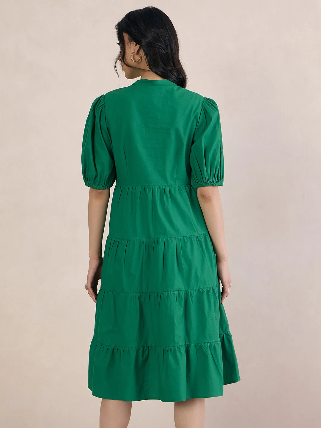 Green Poplin Tiered Midi Dress