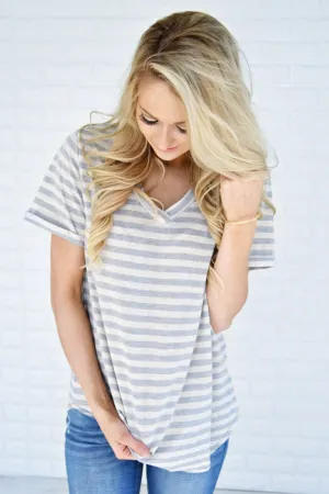 Grey Striped V-Neck Top