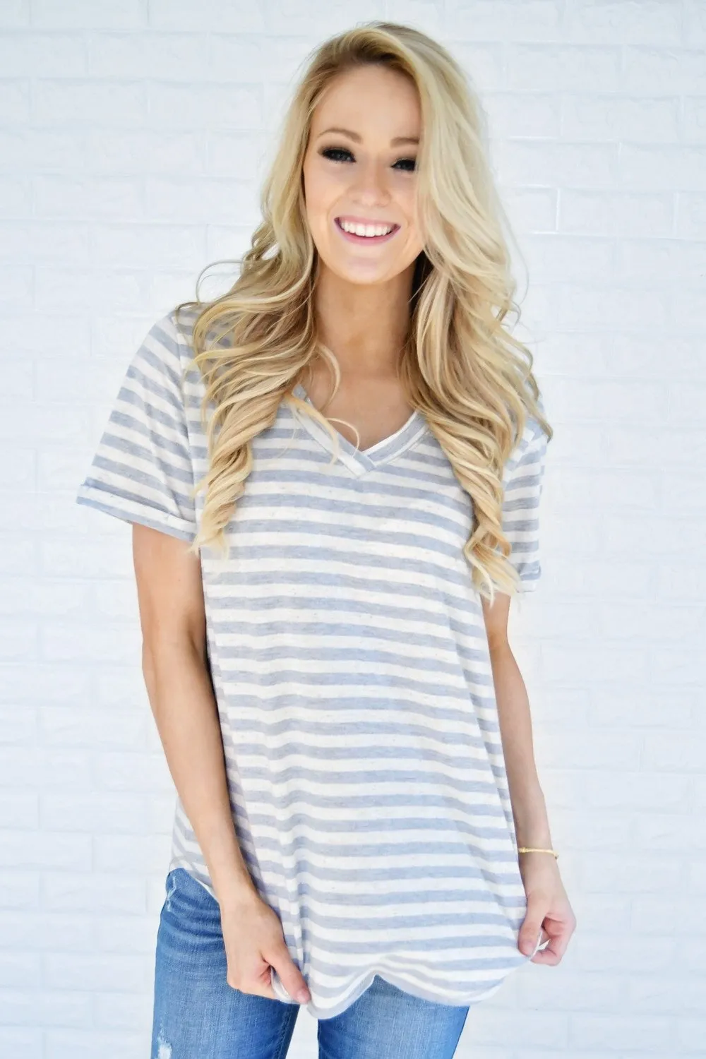 Grey Striped V-Neck Top