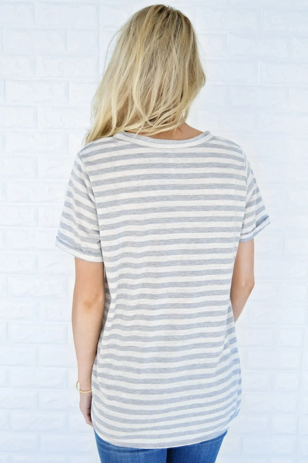 Grey Striped V-Neck Top