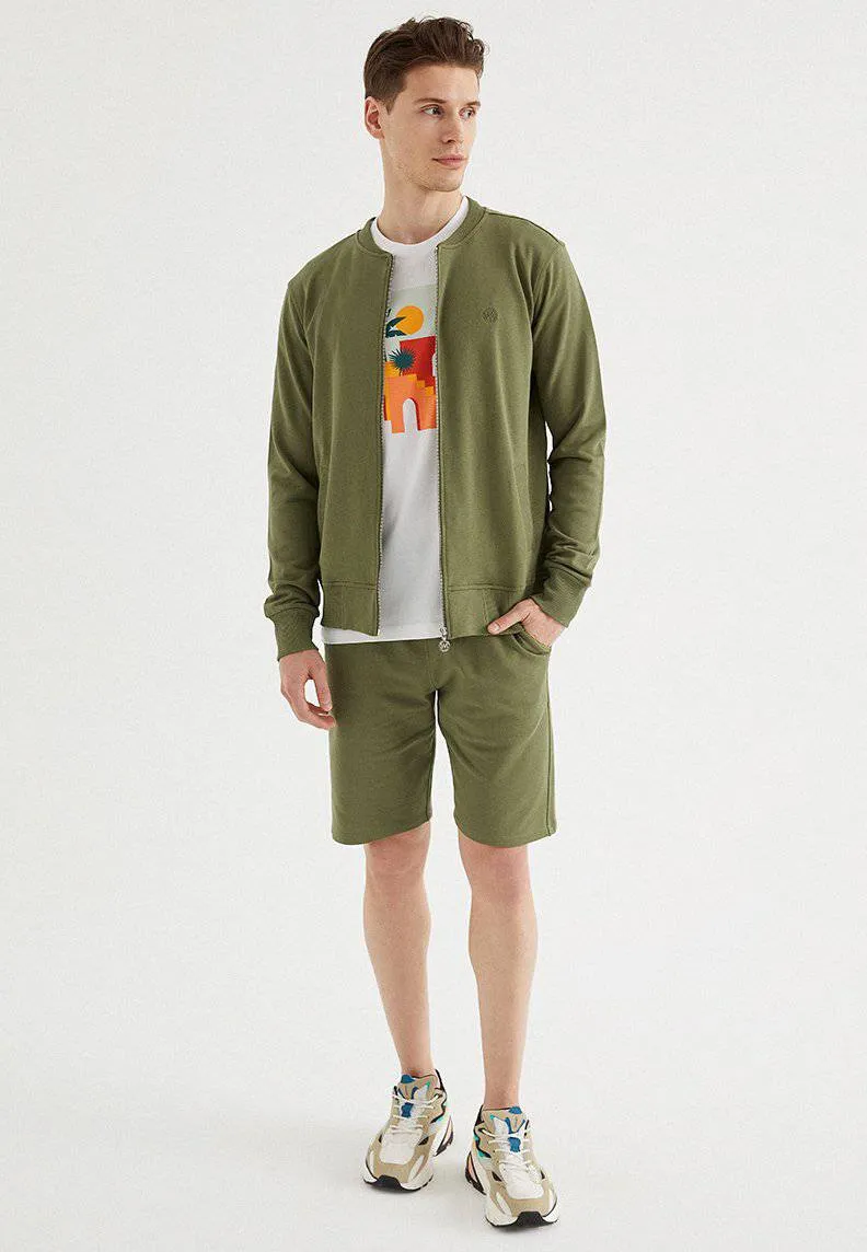 Haki Pamuklu Regular Fit Erkek Fermuarlı Cepli Sweatshirt CORE BOMBER JACKET