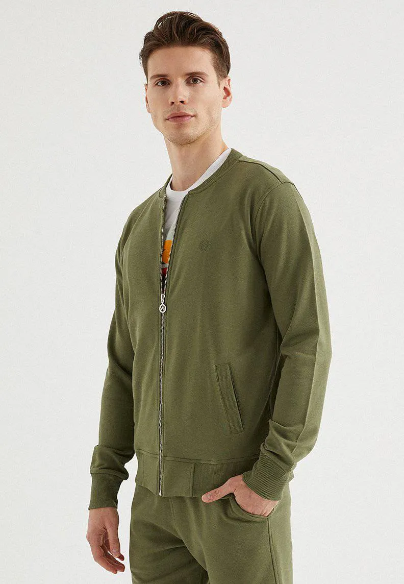 Haki Pamuklu Regular Fit Erkek Fermuarlı Cepli Sweatshirt CORE BOMBER JACKET