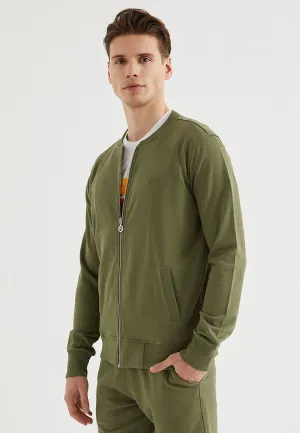 Haki Pamuklu Regular Fit Erkek Fermuarlı Cepli Sweatshirt CORE BOMBER JACKET