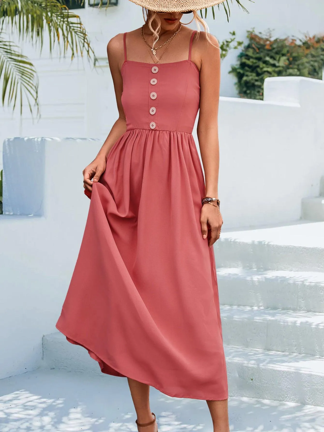 Hazel Blues® | Decorative Button Spaghetti Strap Midi Dress