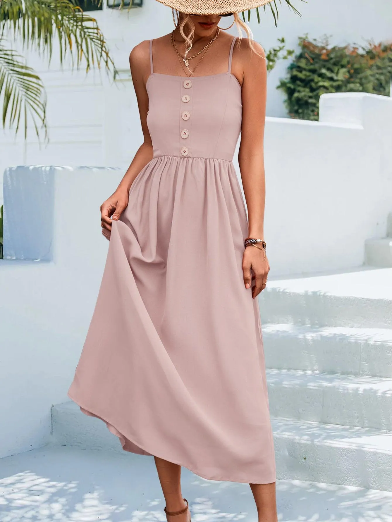 Hazel Blues® | Decorative Button Spaghetti Strap Midi Dress