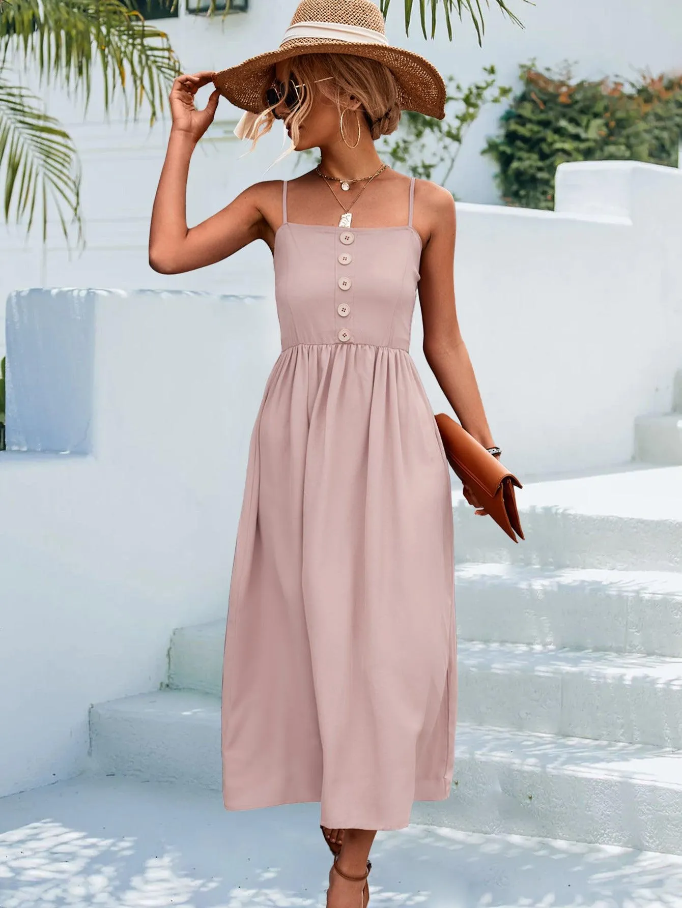 Hazel Blues® | Decorative Button Spaghetti Strap Midi Dress