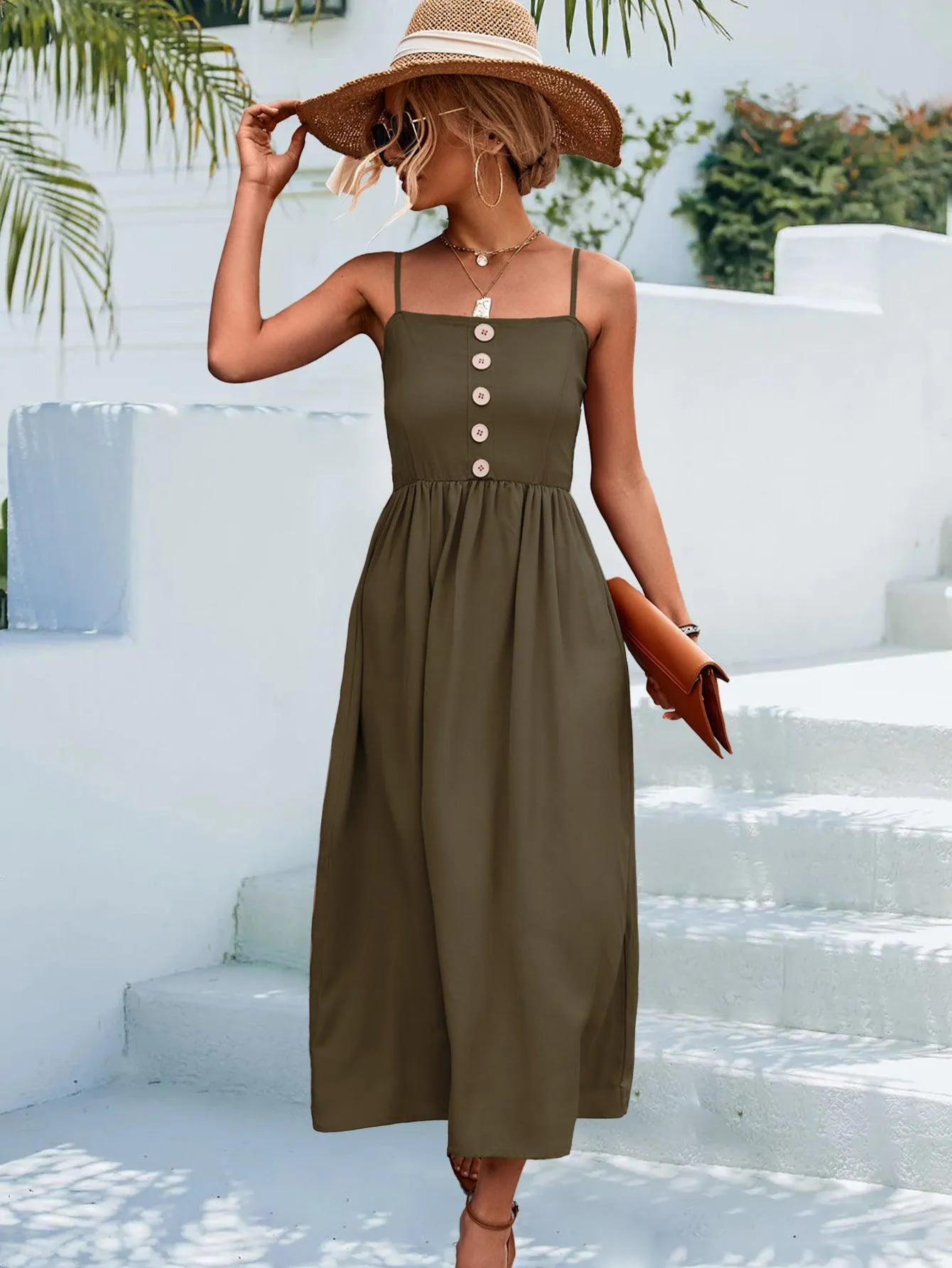 Hazel Blues® | Decorative Button Spaghetti Strap Midi Dress