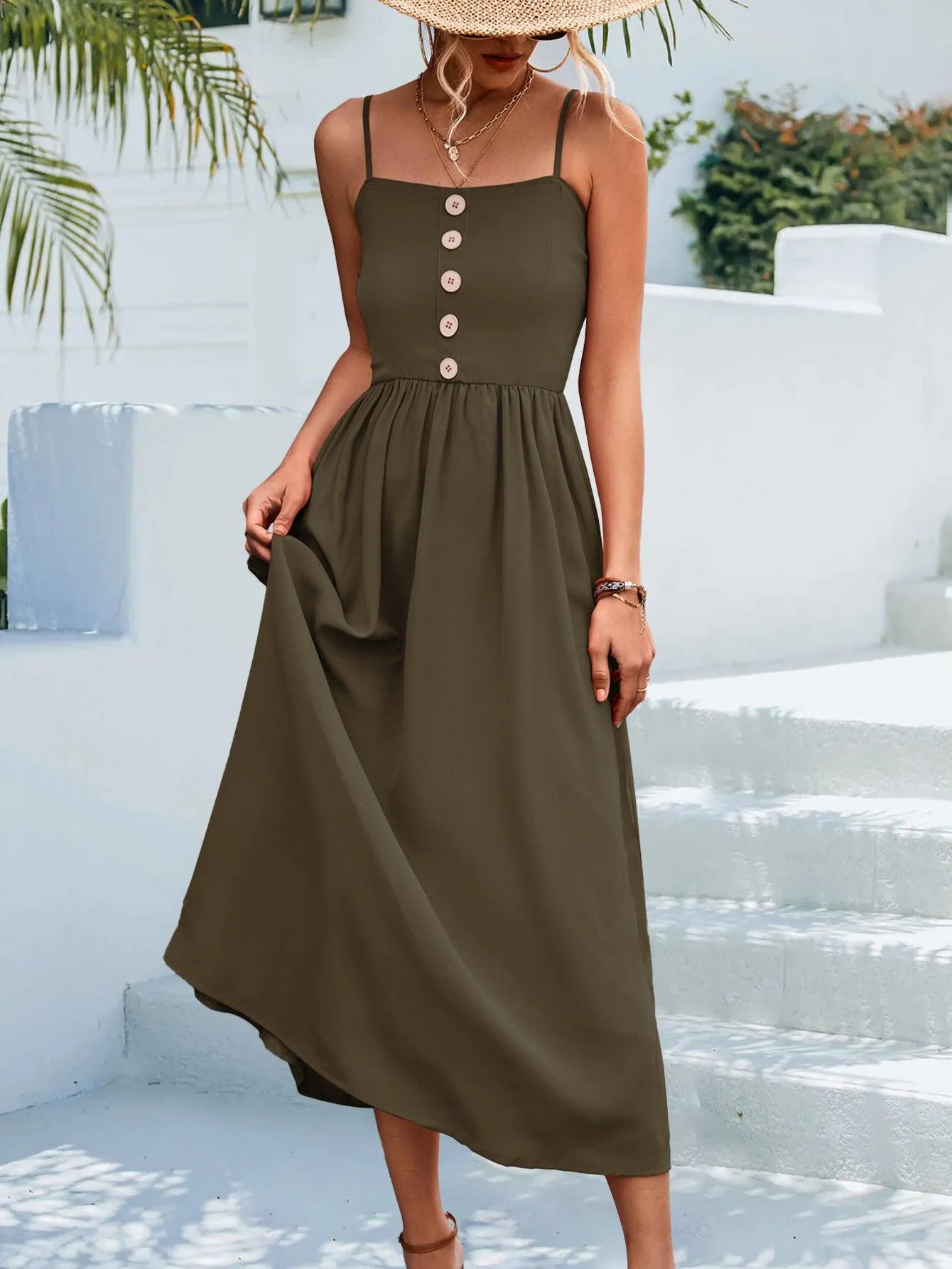 Hazel Blues® | Decorative Button Spaghetti Strap Midi Dress