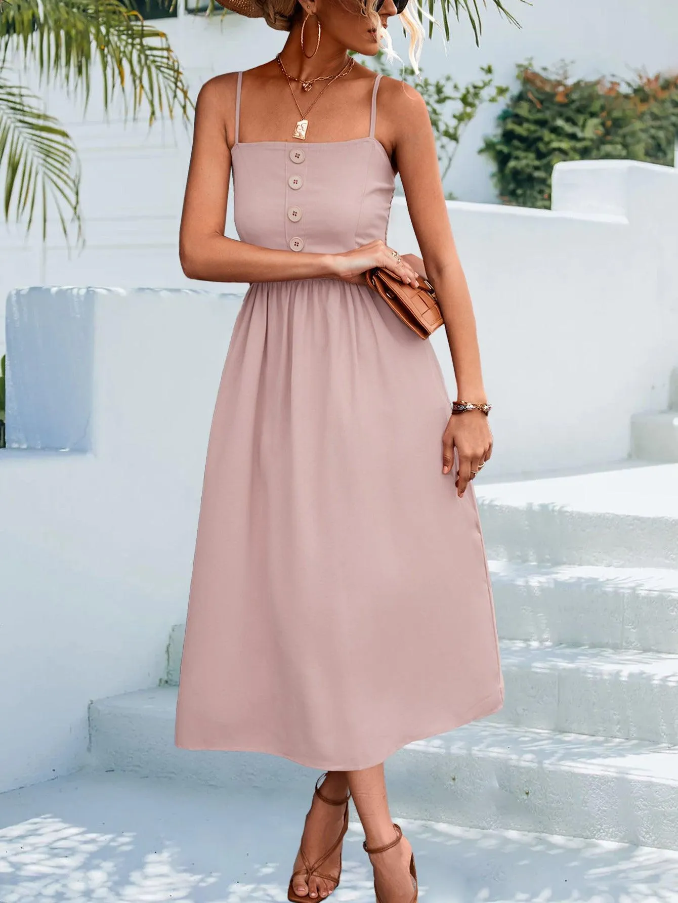 Hazel Blues® | Decorative Button Spaghetti Strap Midi Dress
