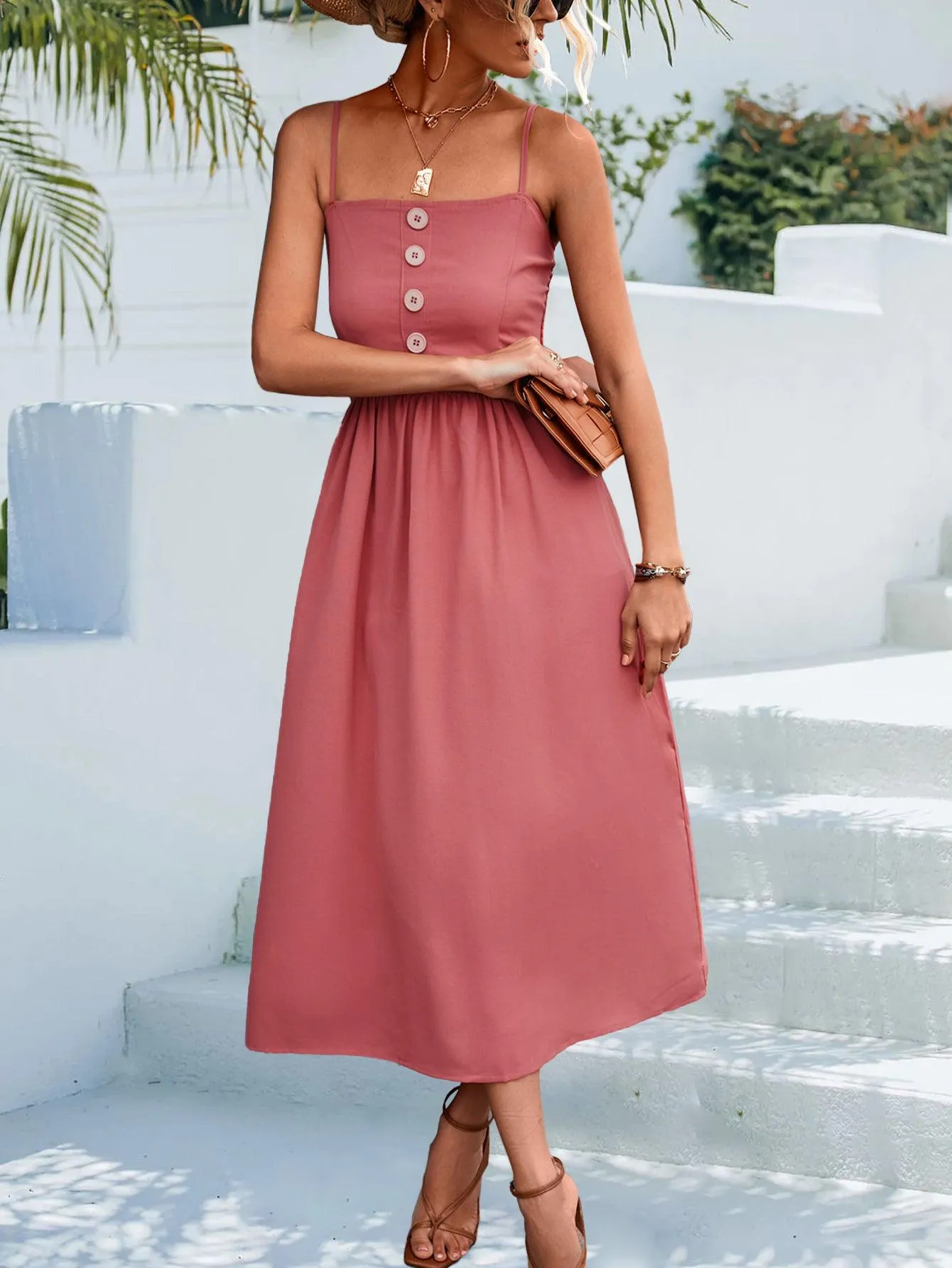 Hazel Blues® | Decorative Button Spaghetti Strap Midi Dress