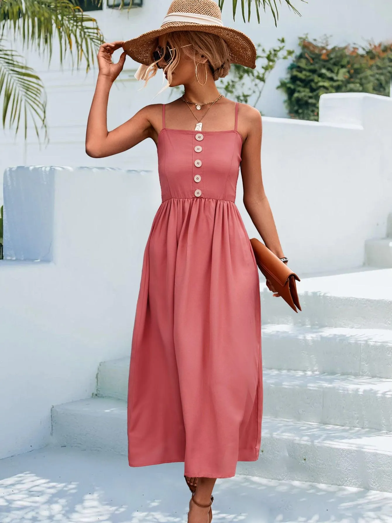 Hazel Blues® | Decorative Button Spaghetti Strap Midi Dress