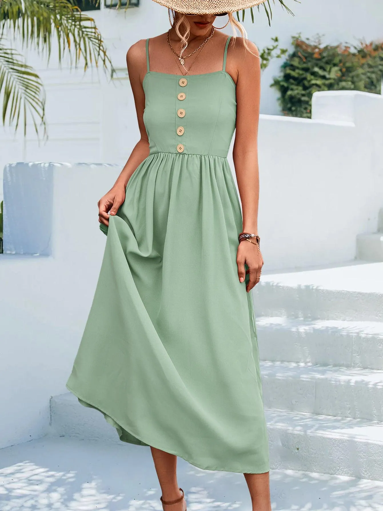 Hazel Blues® | Decorative Button Spaghetti Strap Midi Dress