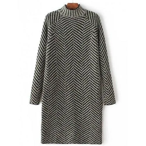 High Neck Stripe Heather Shift Sweater Dress - Deep Green One Size