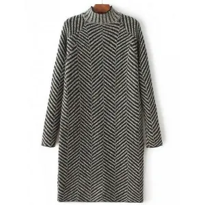 High Neck Stripe Heather Shift Sweater Dress - Deep Green One Size