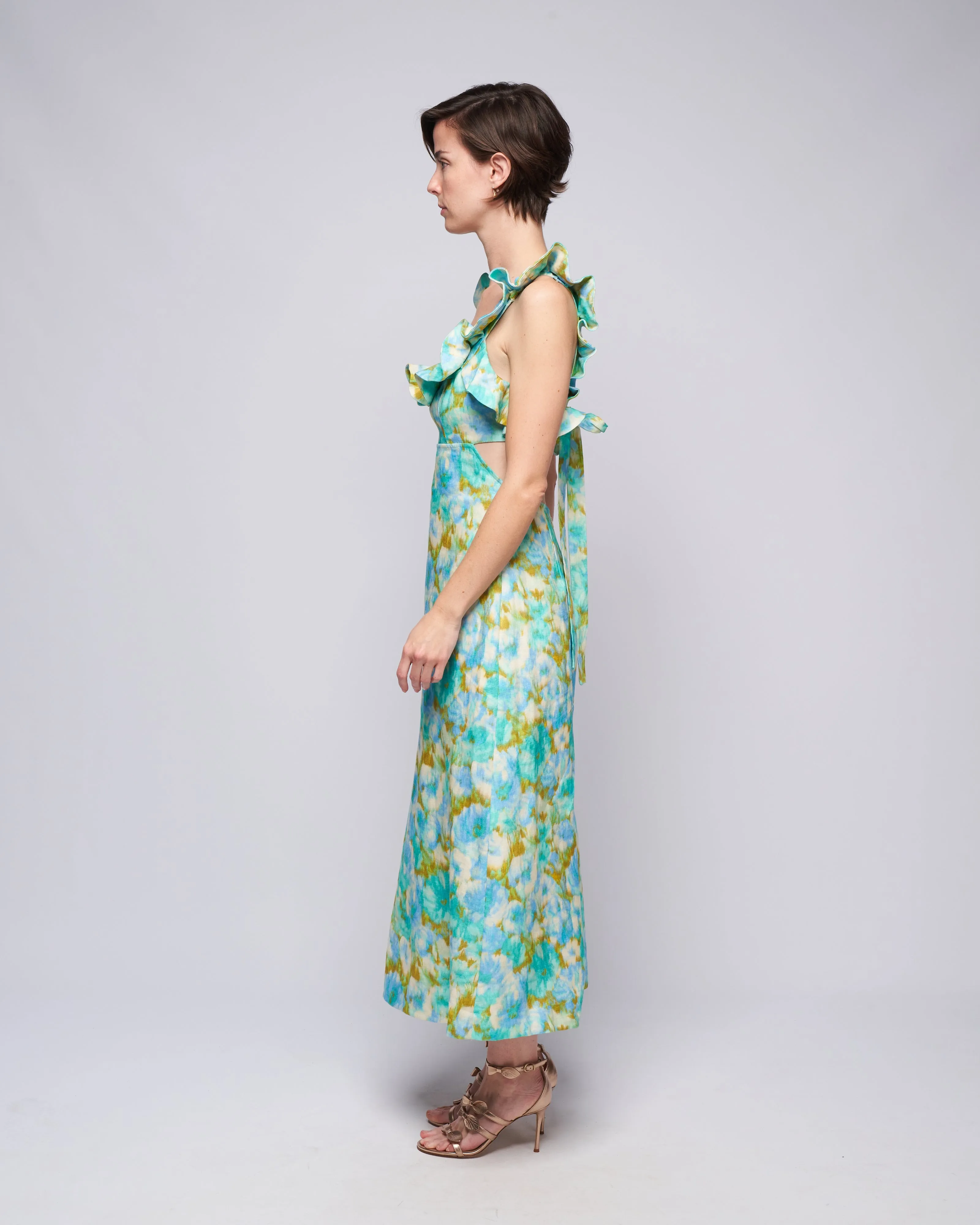 high tide frilled midi - aqua ikat floral