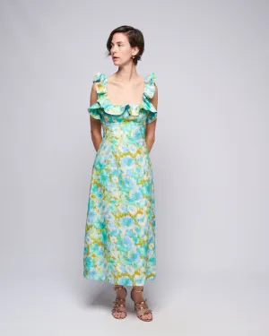 high tide frilled midi - aqua ikat floral