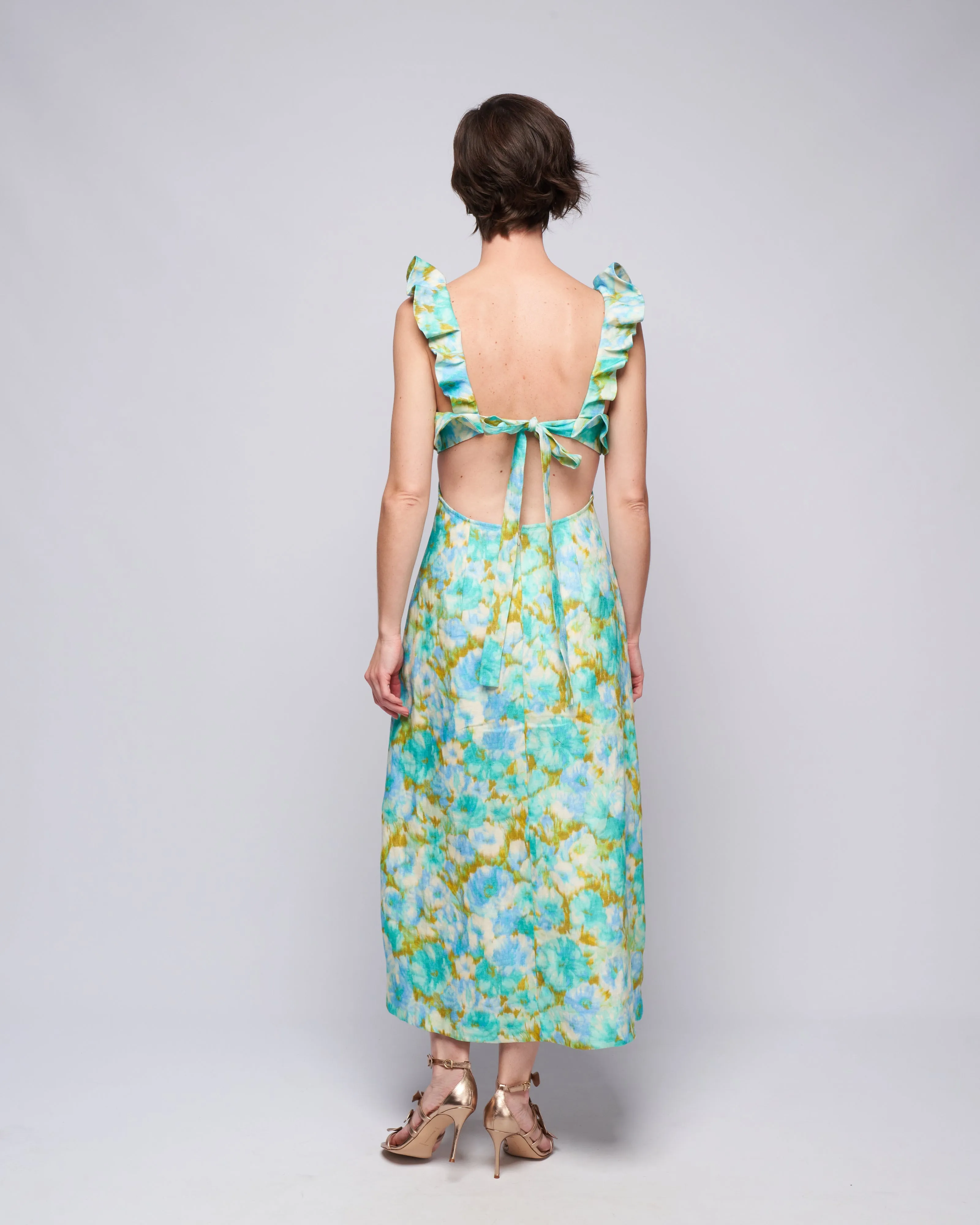 high tide frilled midi - aqua ikat floral