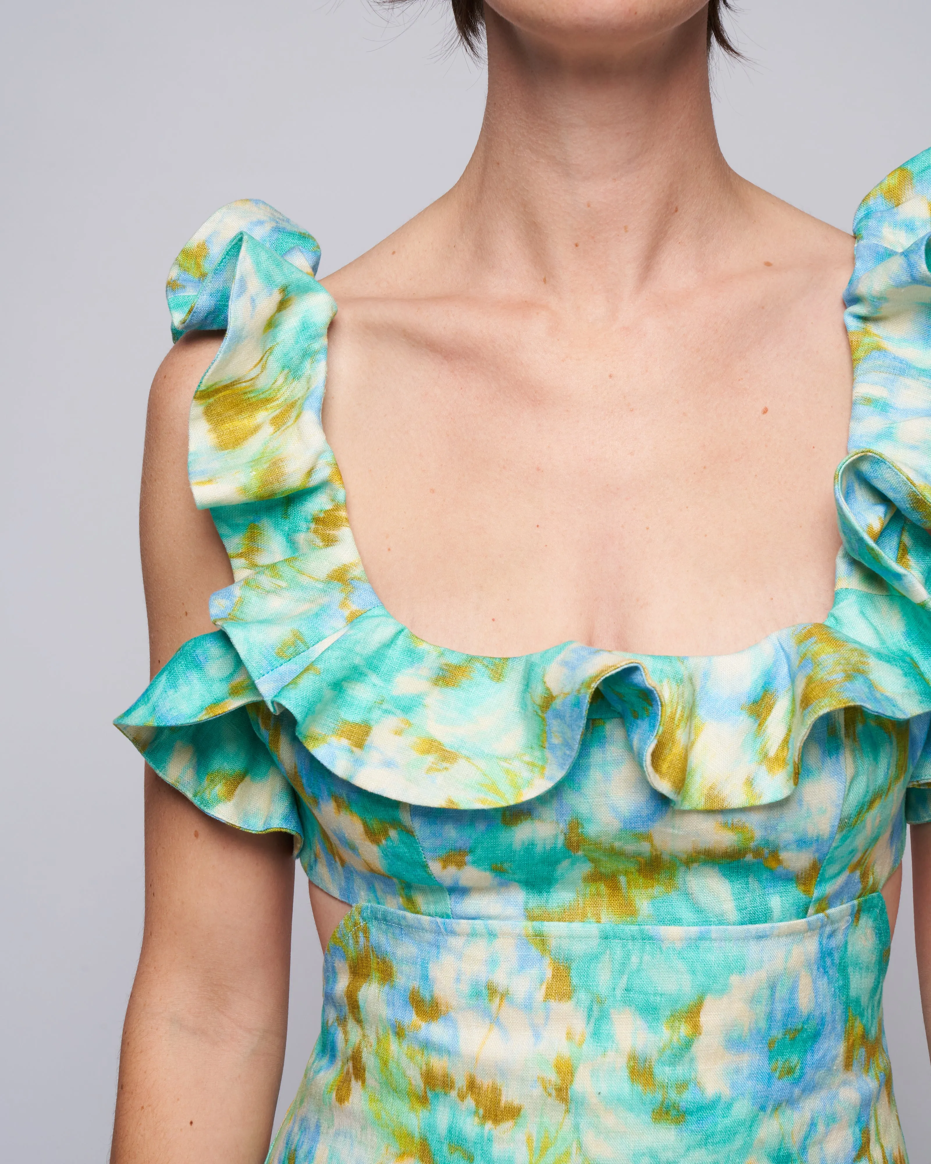high tide frilled midi - aqua ikat floral