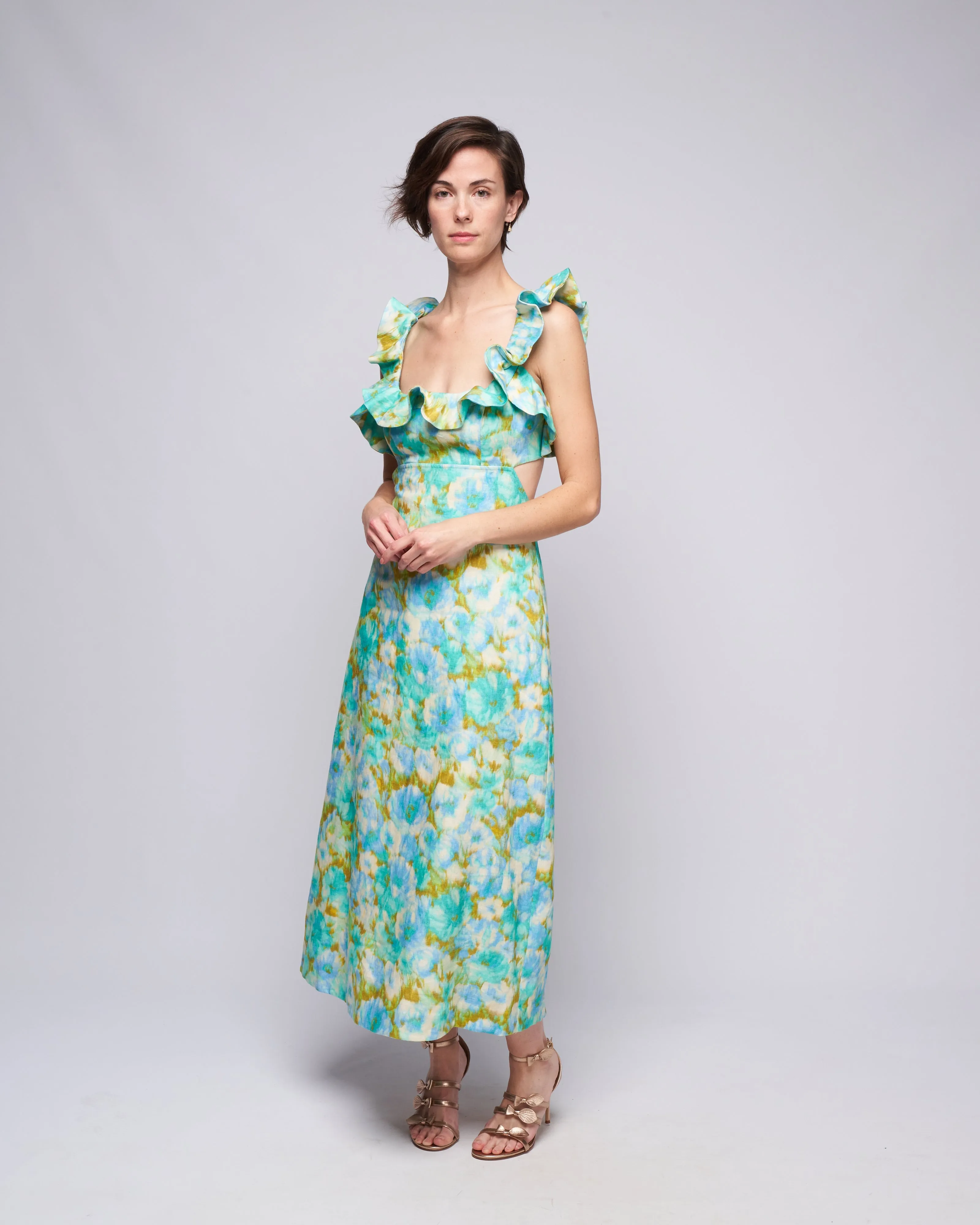 high tide frilled midi - aqua ikat floral