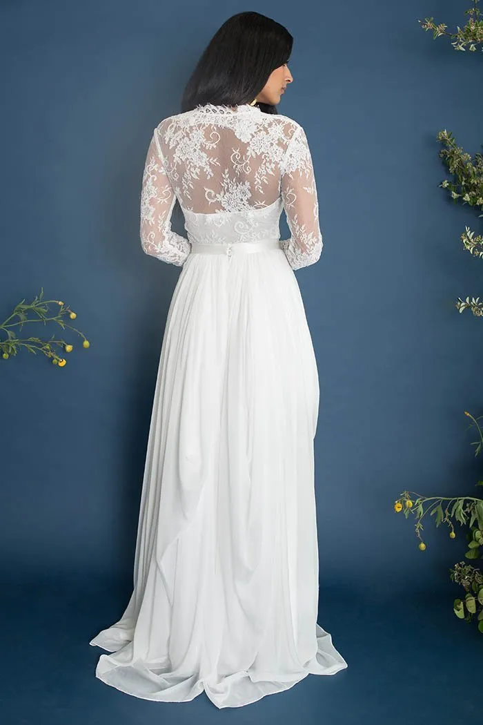 Illusion Lace Long Sleeves Wedding Dress Chiffon Skirt