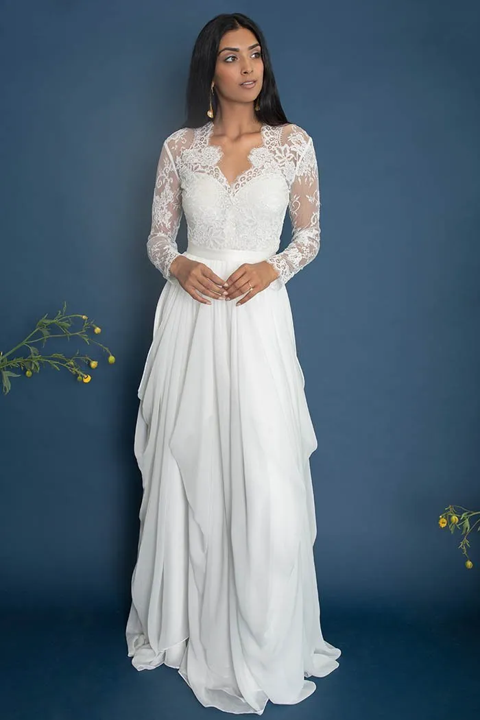Illusion Lace Long Sleeves Wedding Dress Chiffon Skirt