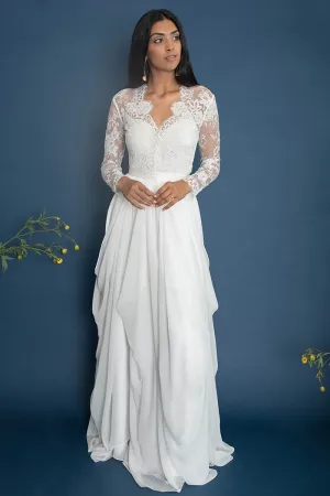 Illusion Lace Long Sleeves Wedding Dress Chiffon Skirt