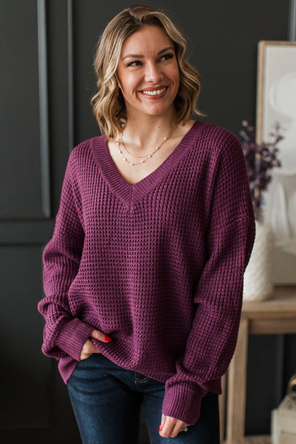 Inspiring Love V-Neck Sweater- Eggplant