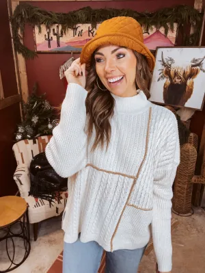 Ivory   Camel Patch Stitch Mock Neck Sweater