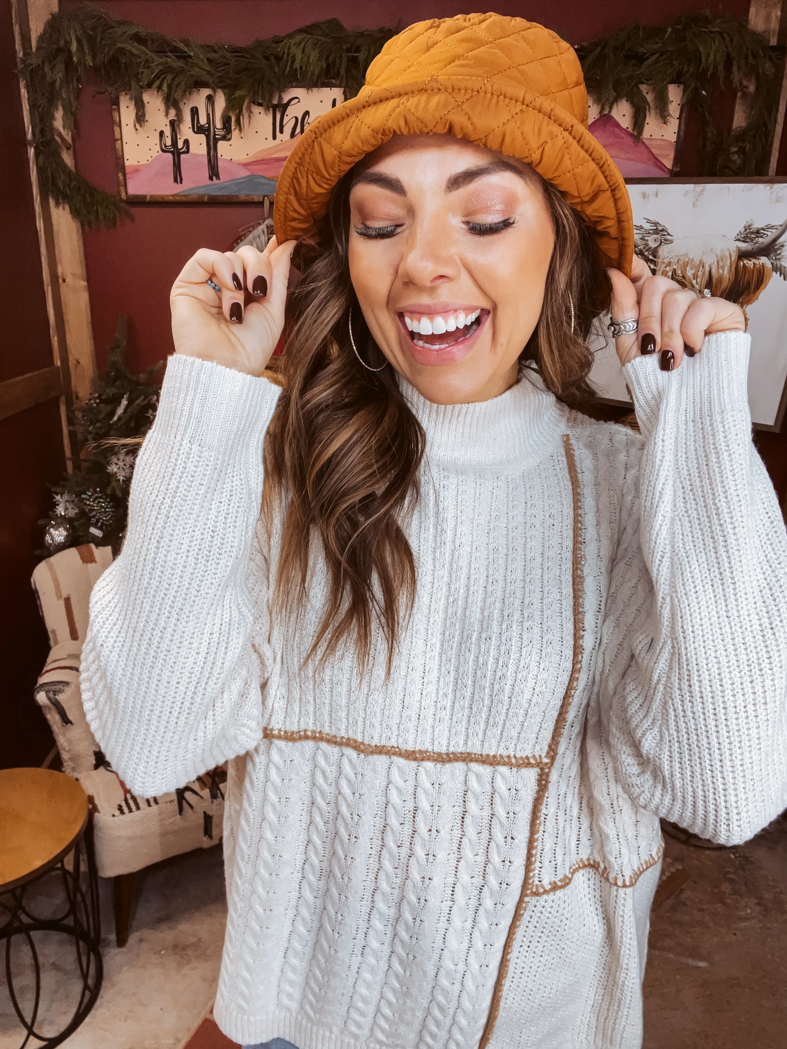 Ivory   Camel Patch Stitch Mock Neck Sweater