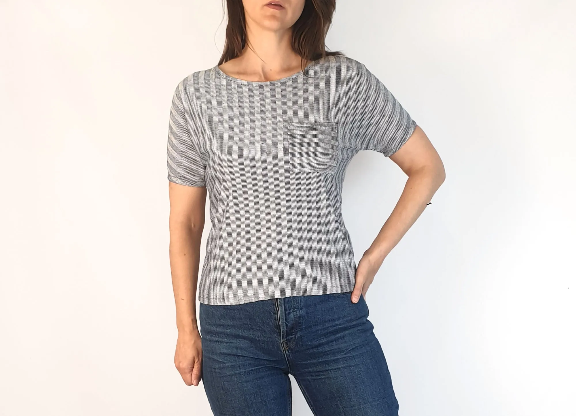 Jigsaw grey and blue striped linen mix top size XS, fits 6 and 8