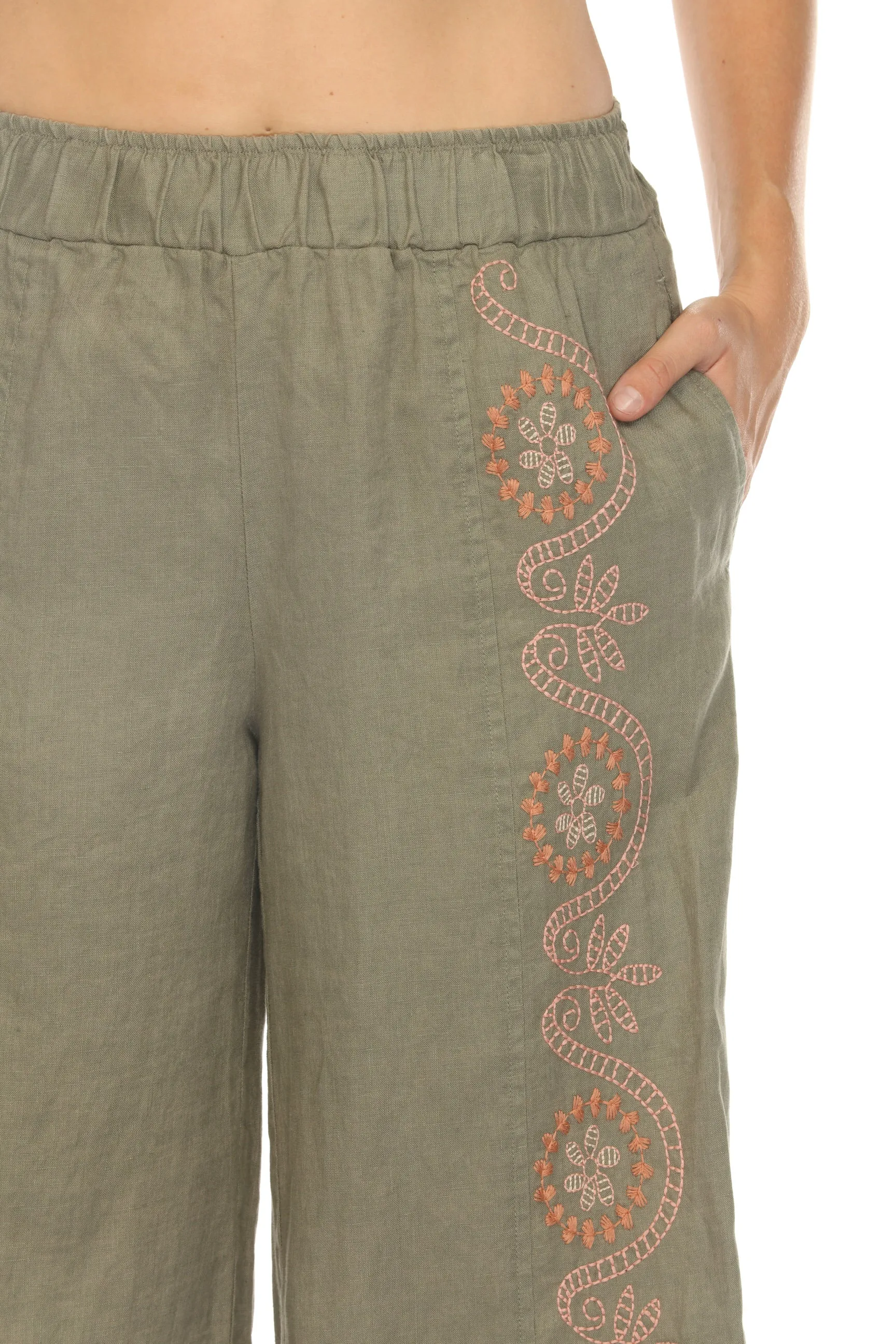 Johnny Was JWLA Faye Seamed Linen Embroidered Wide Leg Pants J69124 *