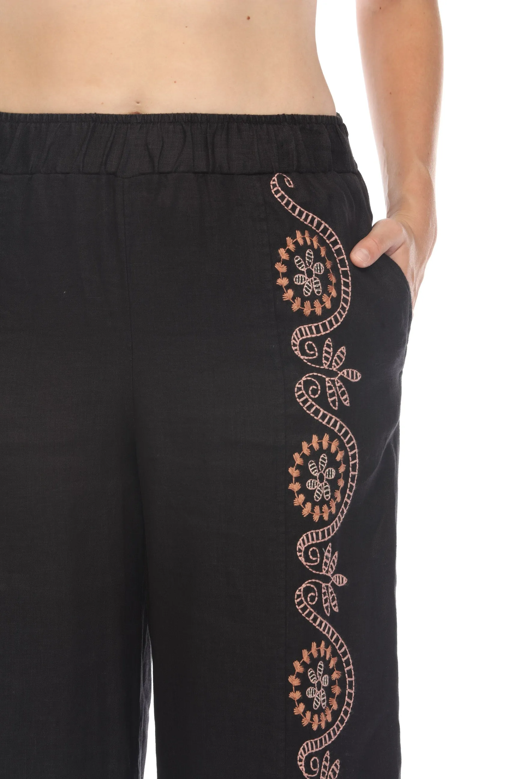 Johnny Was JWLA Faye Seamed Linen Embroidered Wide Leg Pants J69124 *