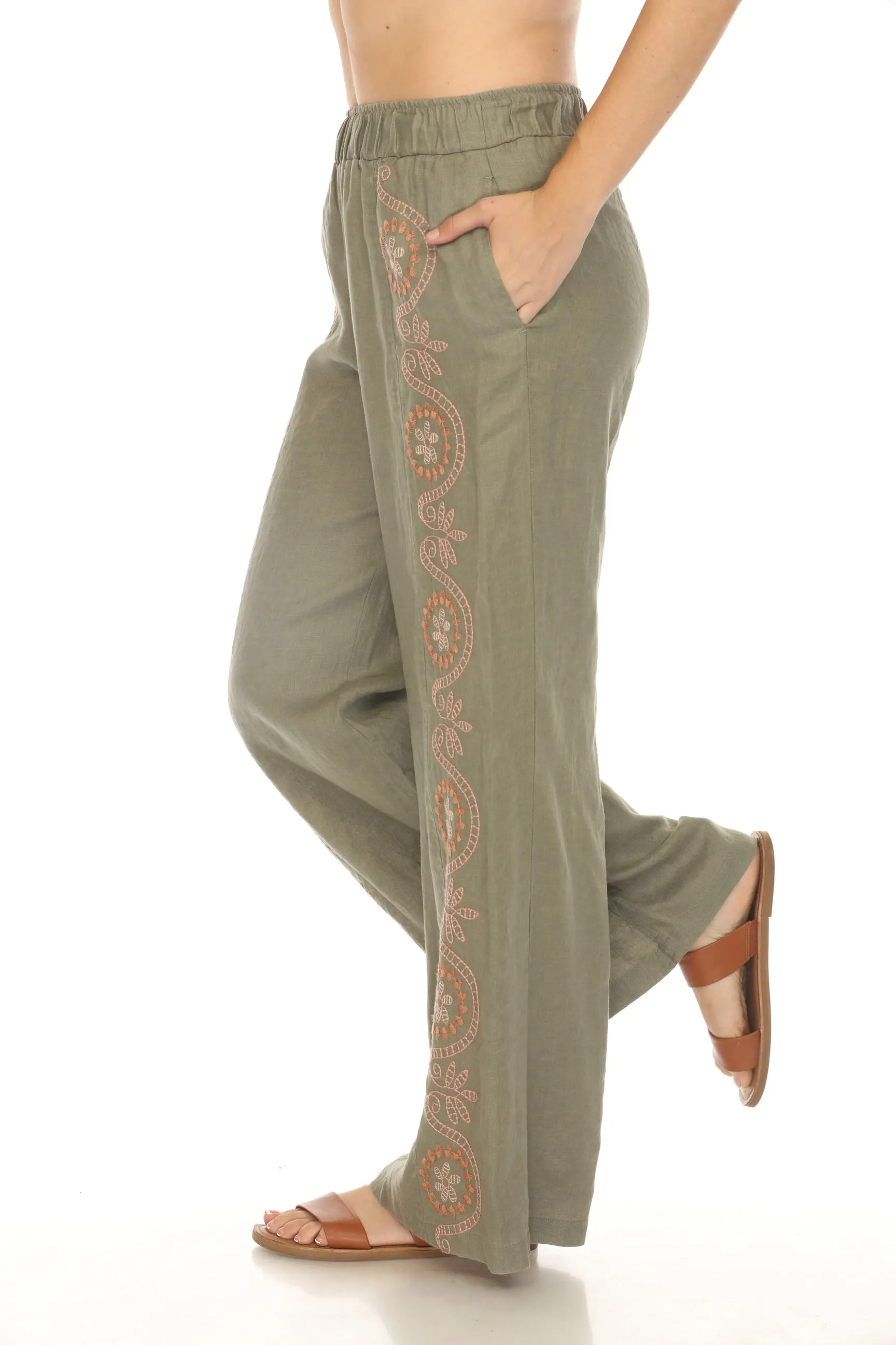 Johnny Was JWLA Faye Seamed Linen Embroidered Wide Leg Pants J69124 *