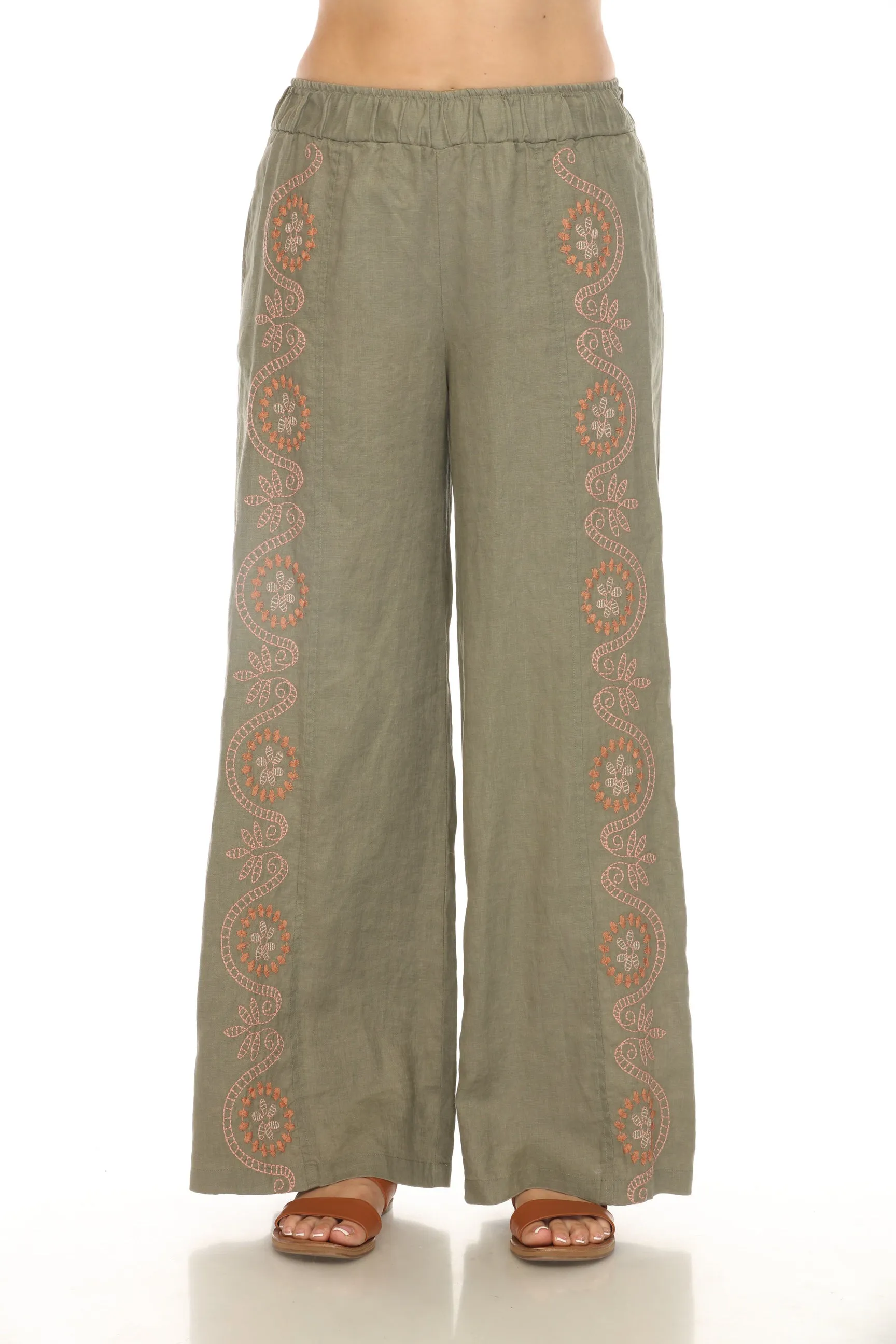 Johnny Was JWLA Faye Seamed Linen Embroidered Wide Leg Pants J69124 *
