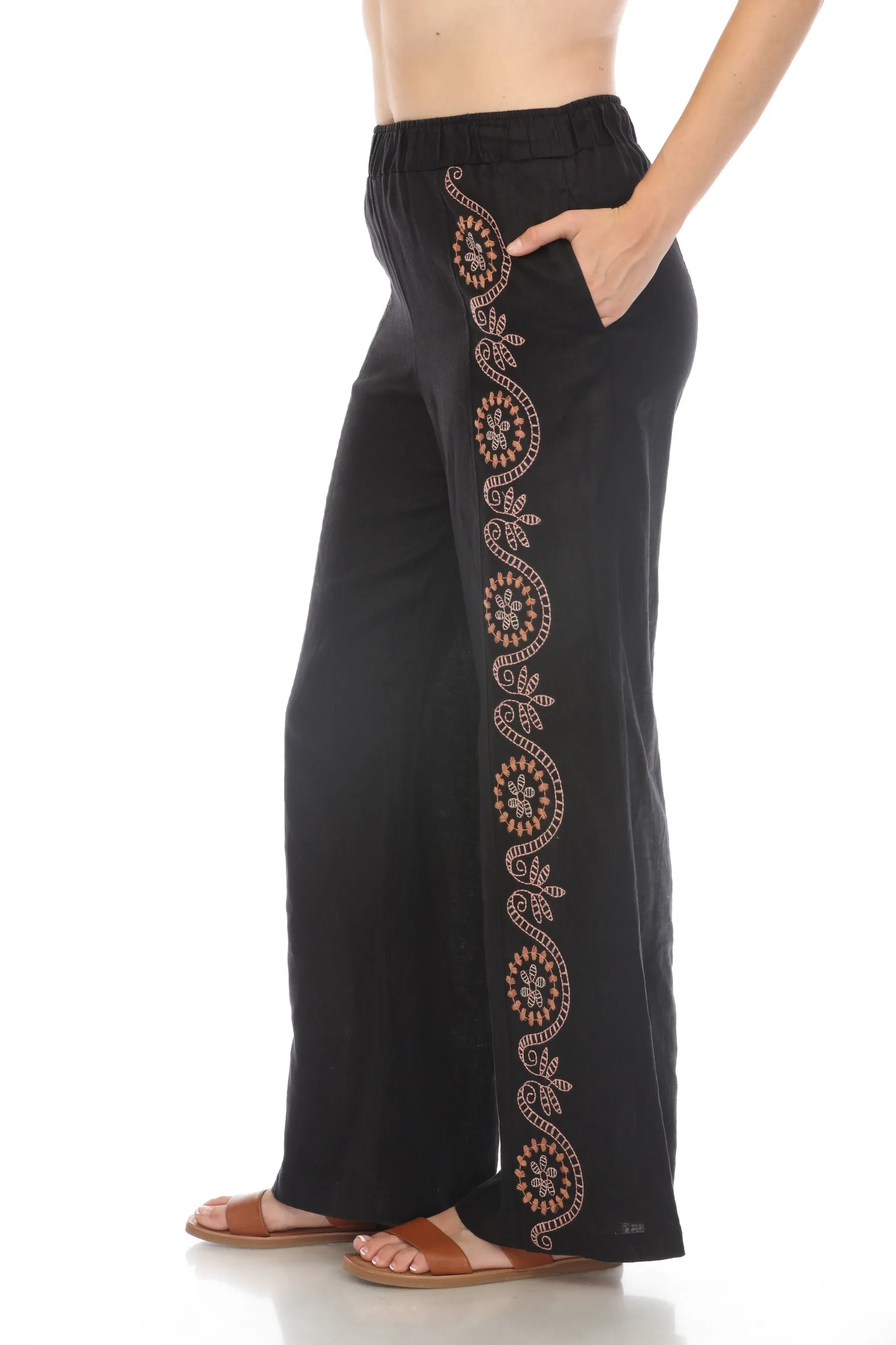 Johnny Was JWLA Faye Seamed Linen Embroidered Wide Leg Pants J69124 *