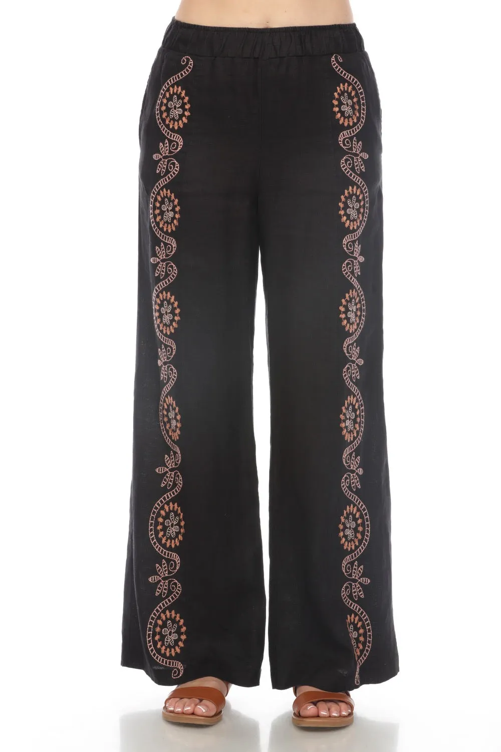 Johnny Was JWLA Faye Seamed Linen Embroidered Wide Leg Pants J69124 *