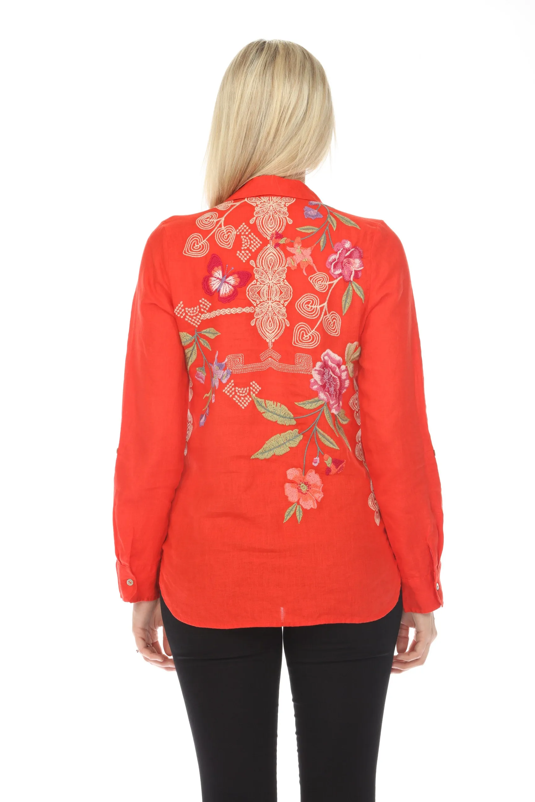 Johnny Was JWLA Red Dacie Relaxed Linen Shirt Boho Chic J16524